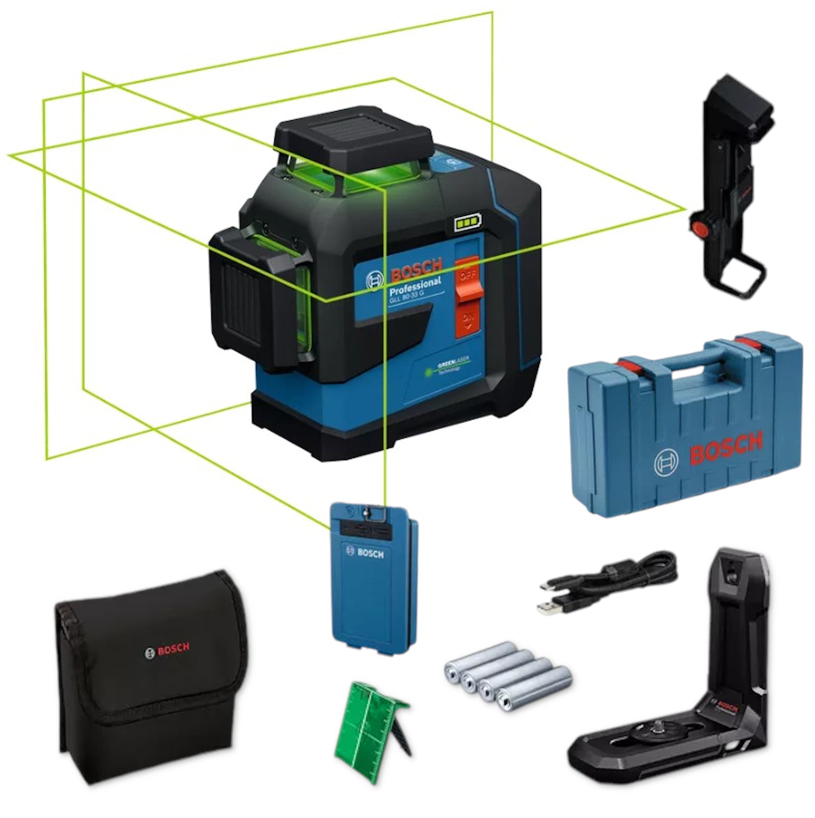 Bosch Linienlaser Kreuzlinienlaser 360° GLL 80-33 G+LB10+DK20+BA3.7V XL+Koffer