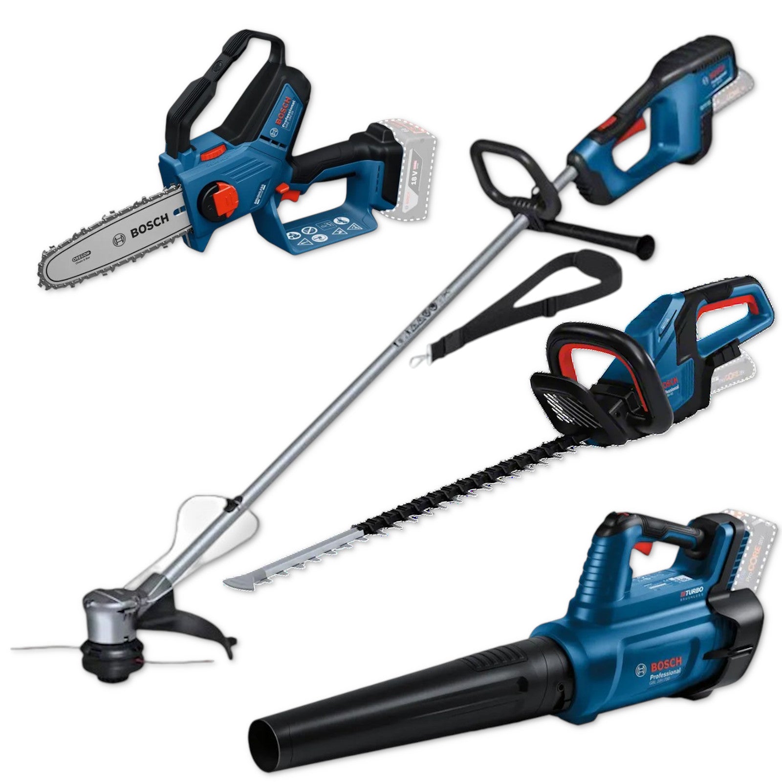 Bosch Akku-Combo Set 18V Laubbläser GBL Heckenschere GHE Trimmer GRT Kettensäge