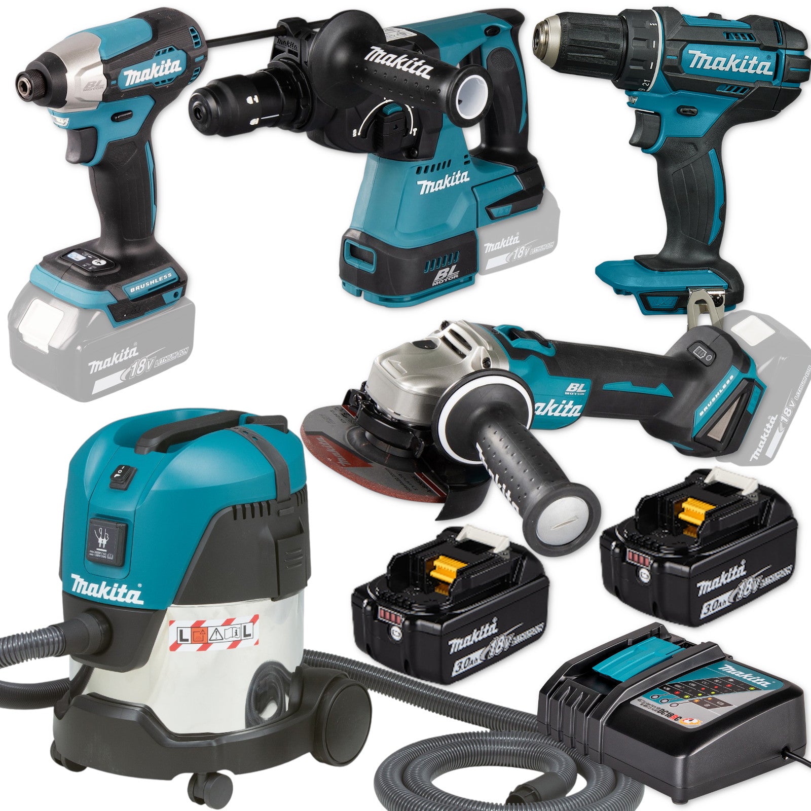 Makita Akku-Combo Set 18V DHR243 DGA504 DTD157 DDF482 VC2012 Kombihammer etc.
