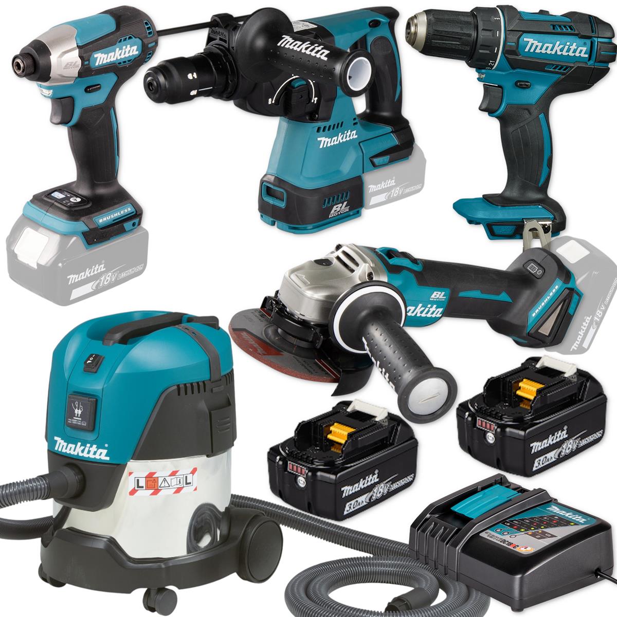 Makita battery combo set 18V DHR243 DGA504 DTD157 DDF482 VC2012 combination hammer etc.