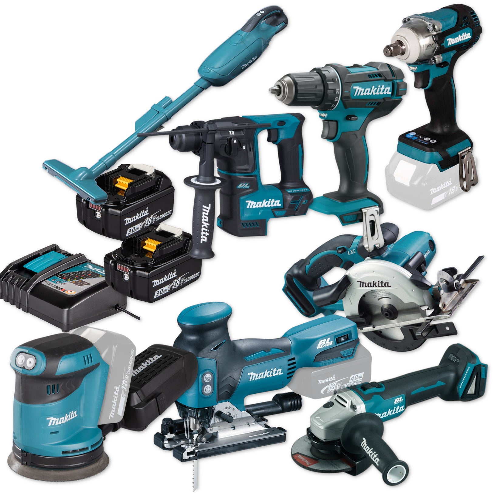 Makita Akku-Combo-Set Hausbau 18V  DJV181 DTW300 DDF482 DBO180 DGA504 DSS501 uvm