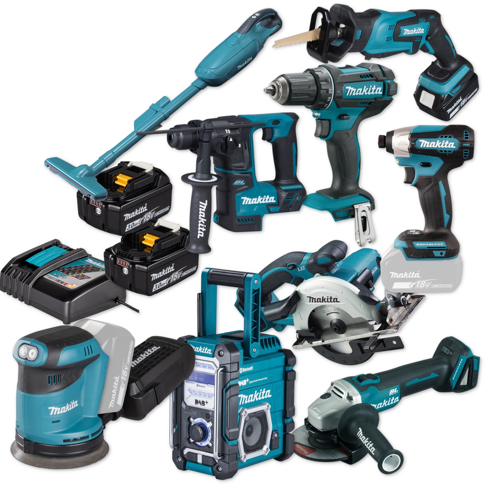 Makita battery combo set 18V XXL DSS501 DMR112 DCL181 DHR171 DGA504 DBO180 DTD157