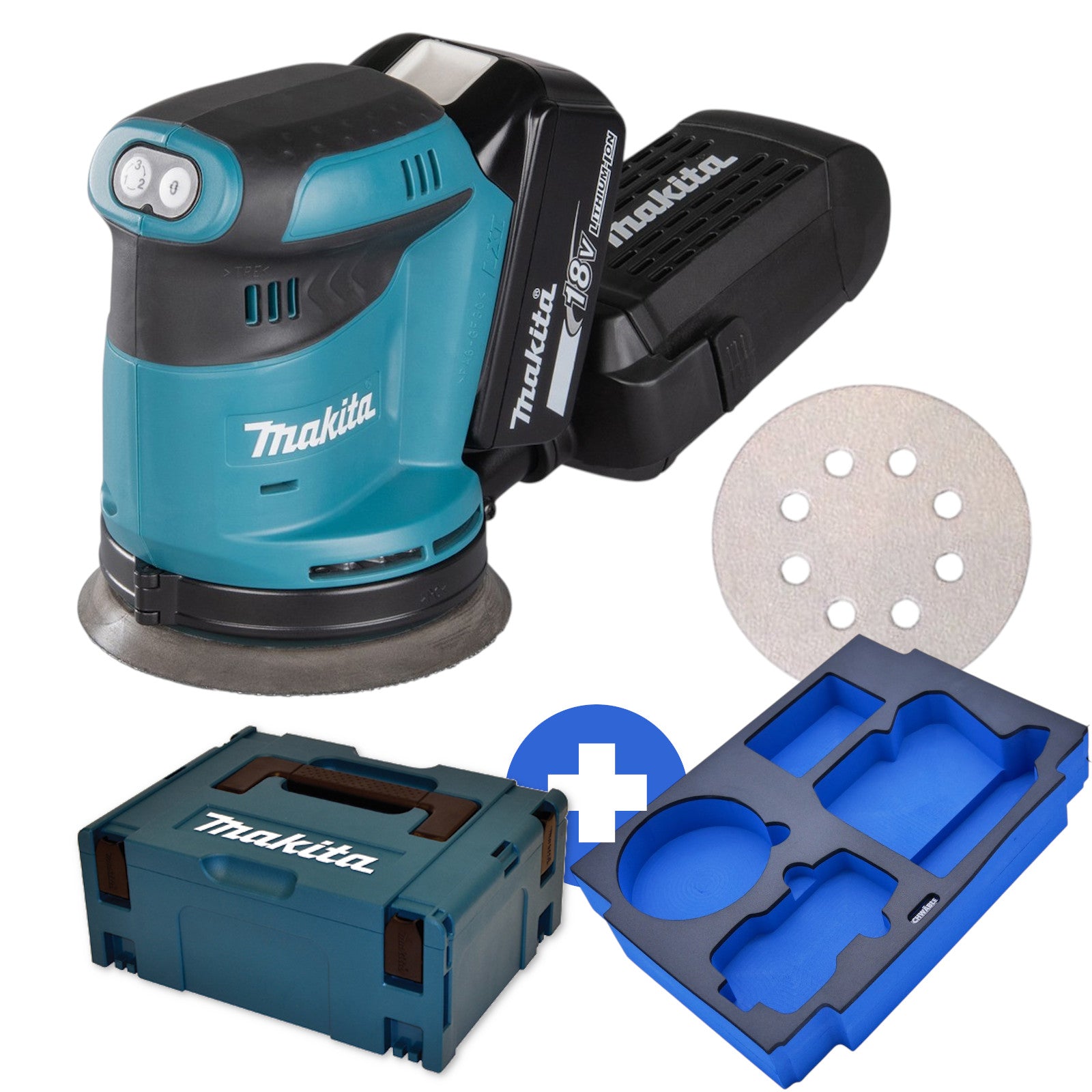 Makita Akku-Exzenterschleifer 18V DBO180SZ + Schwäble Schaumstoffeinlage