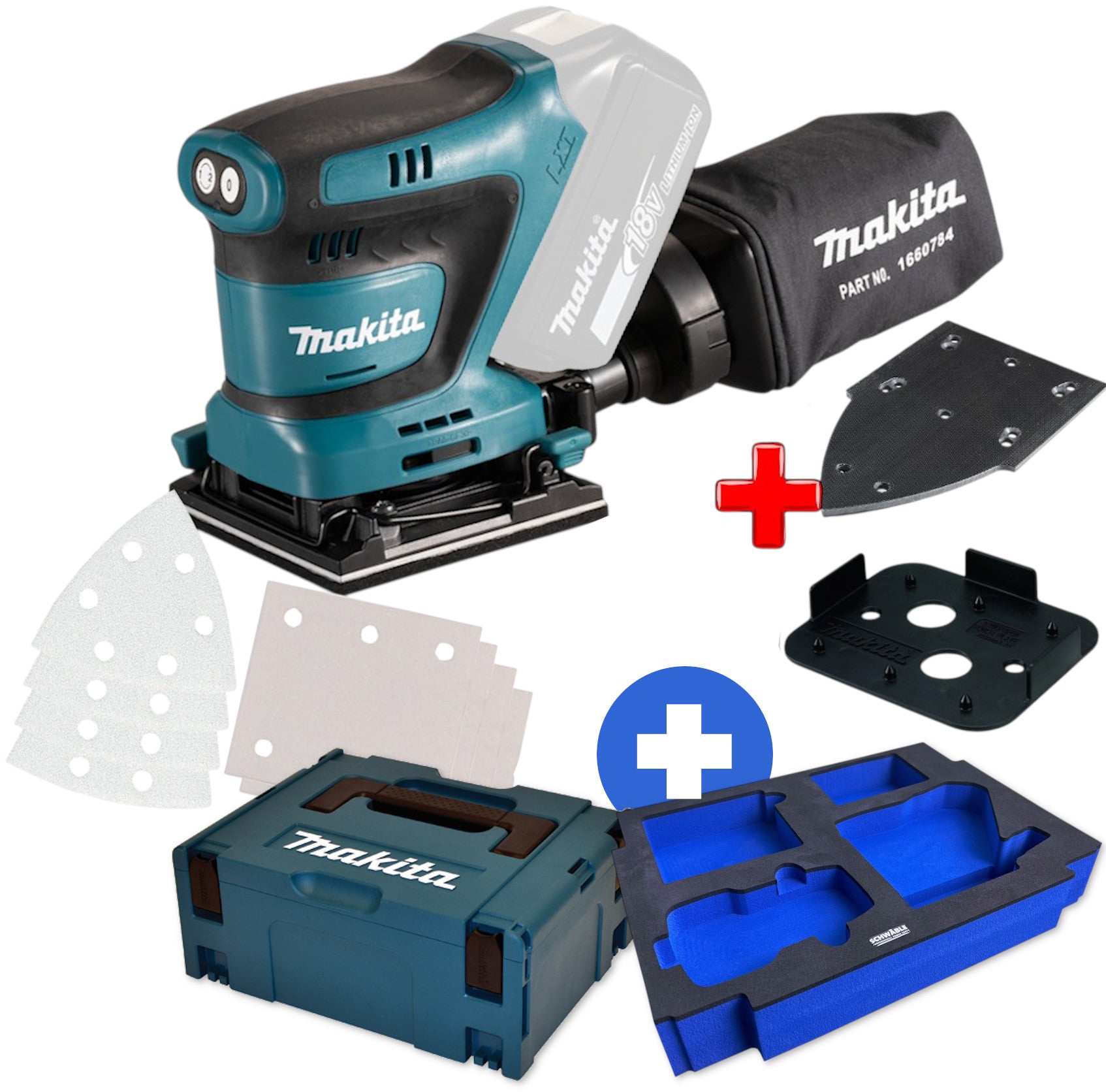 Makita Akku-Schwingschleifer 18V DBO480SZ + Schwäble Schaumstoffeinlage