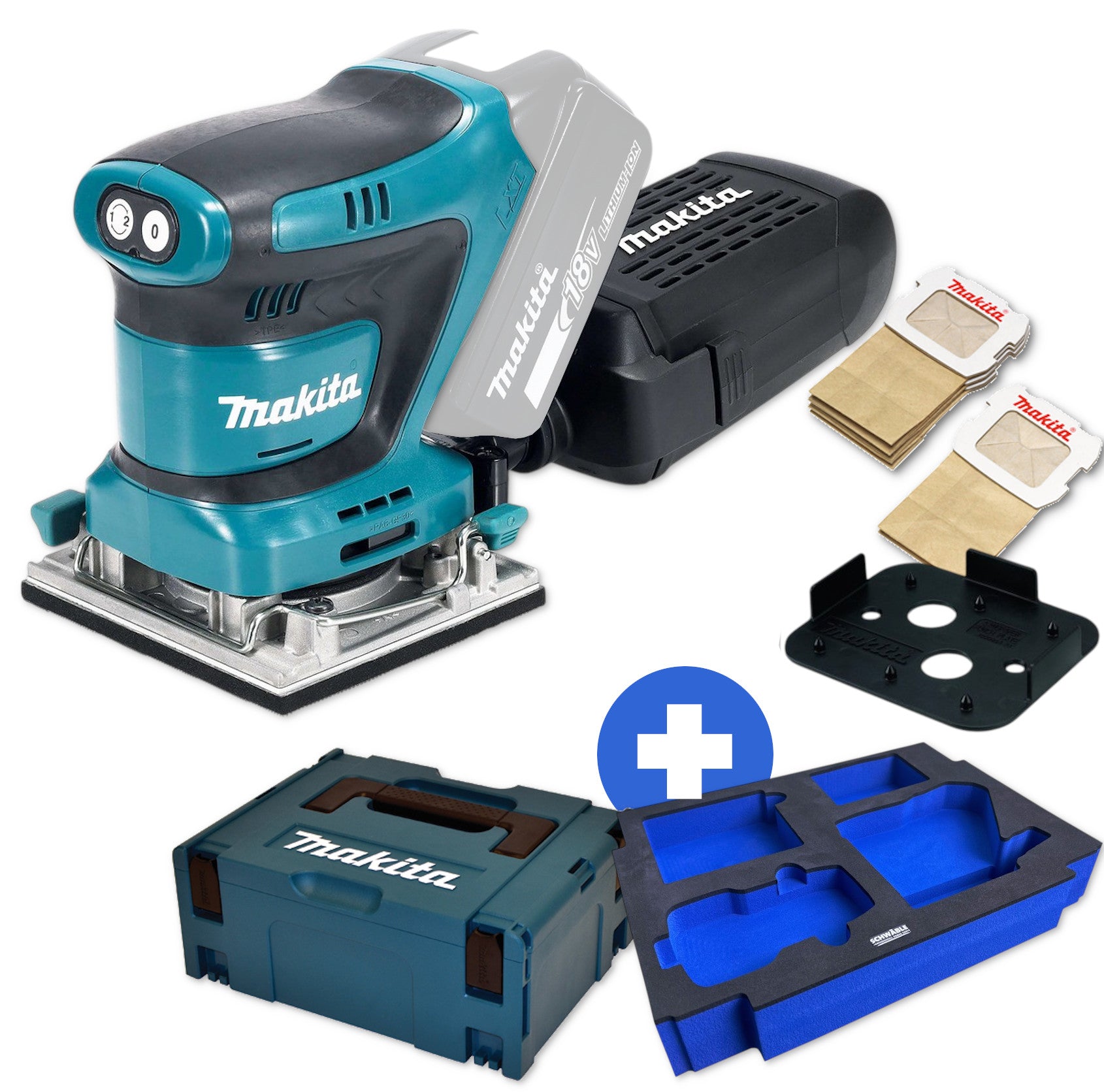 Makita Akku-Schwingschleifer 18V DBO484SZ + Schwäble Schaumstoffeinlage