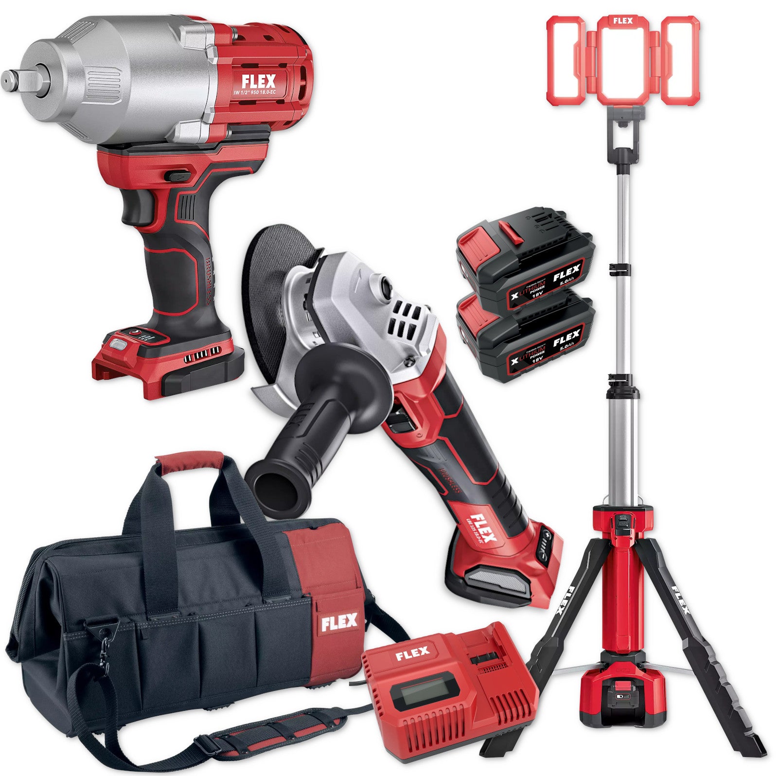 FLEX Akku-Combo Set XL4 18V LED Baustrahler Schlagschrauber Winkelschleifer