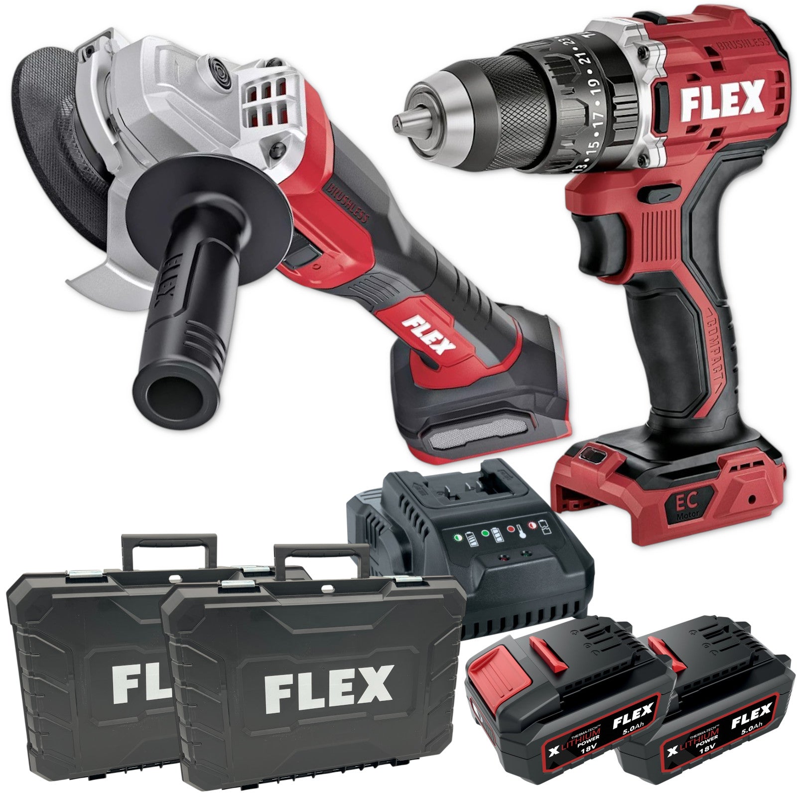 FLEX Akku-Winkelschleifer 18V 125mm + Schlagbohrschauber 65Nm + 2x 5Ah Akkus
