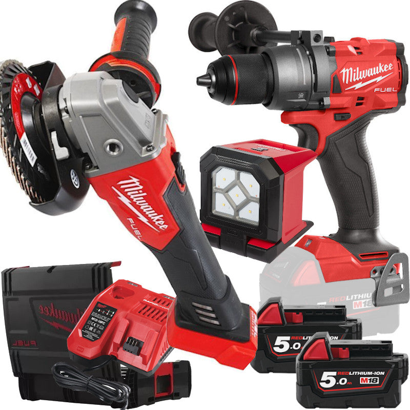 Milwaukee Akku-Set 18V Schlagbohrschrauber Winkelschleifer LED FPD3 FSAG125 PAL