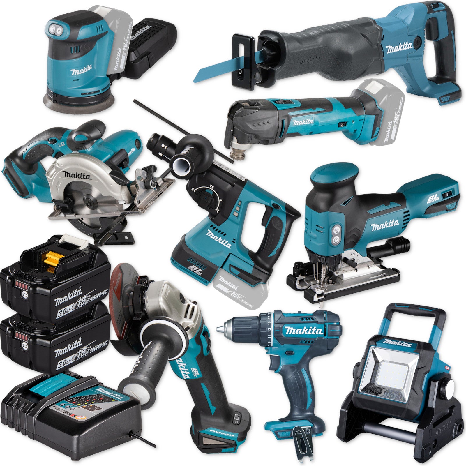 Makita Akku-Combo Set 18V DDF482 DHR243 ML003 DTM51 DJV181 DGA511 DSS501 DBO180