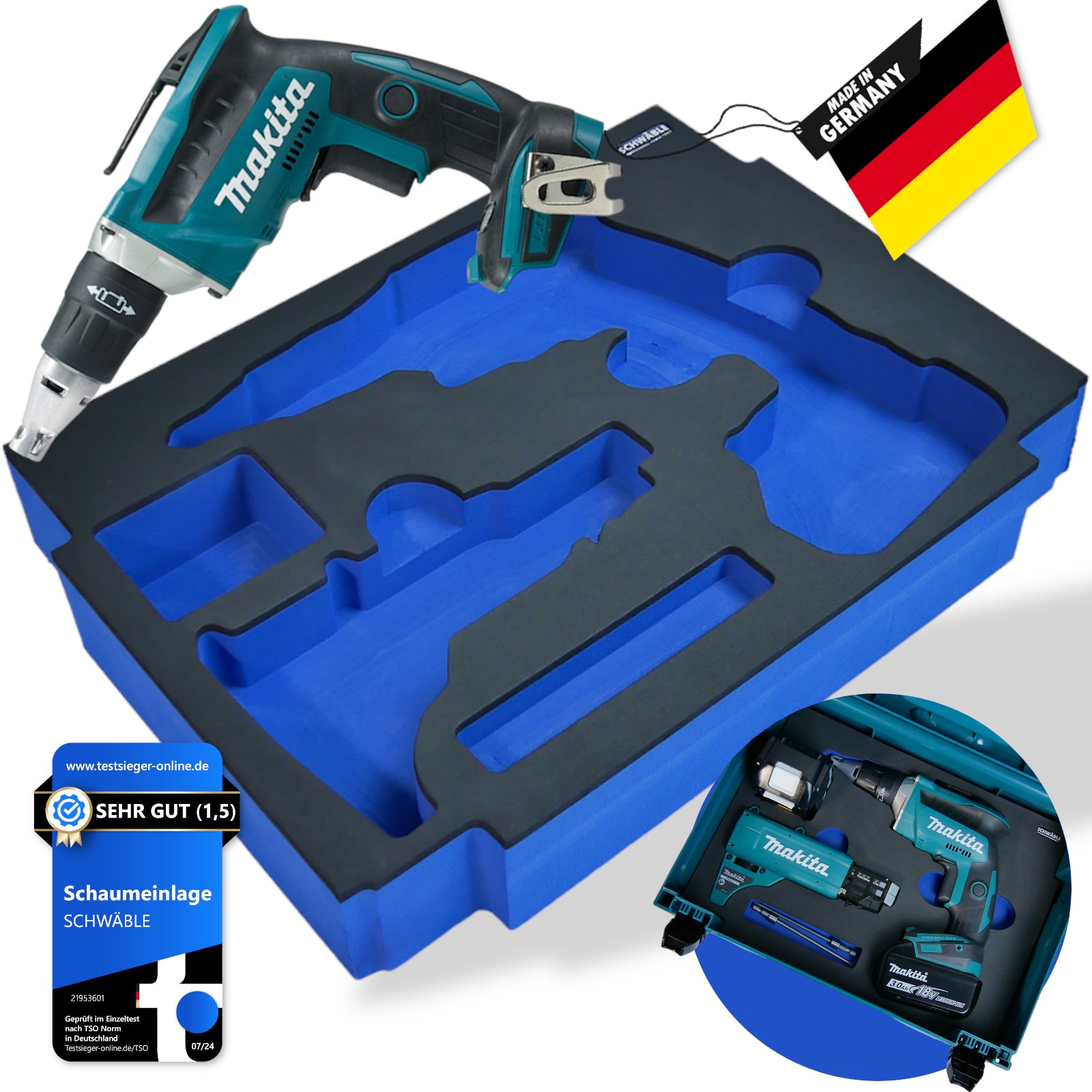 Makita Akku-Schnellbauschrauber 18V DFS452SZ + Schwäble Schaumstoffeinlage