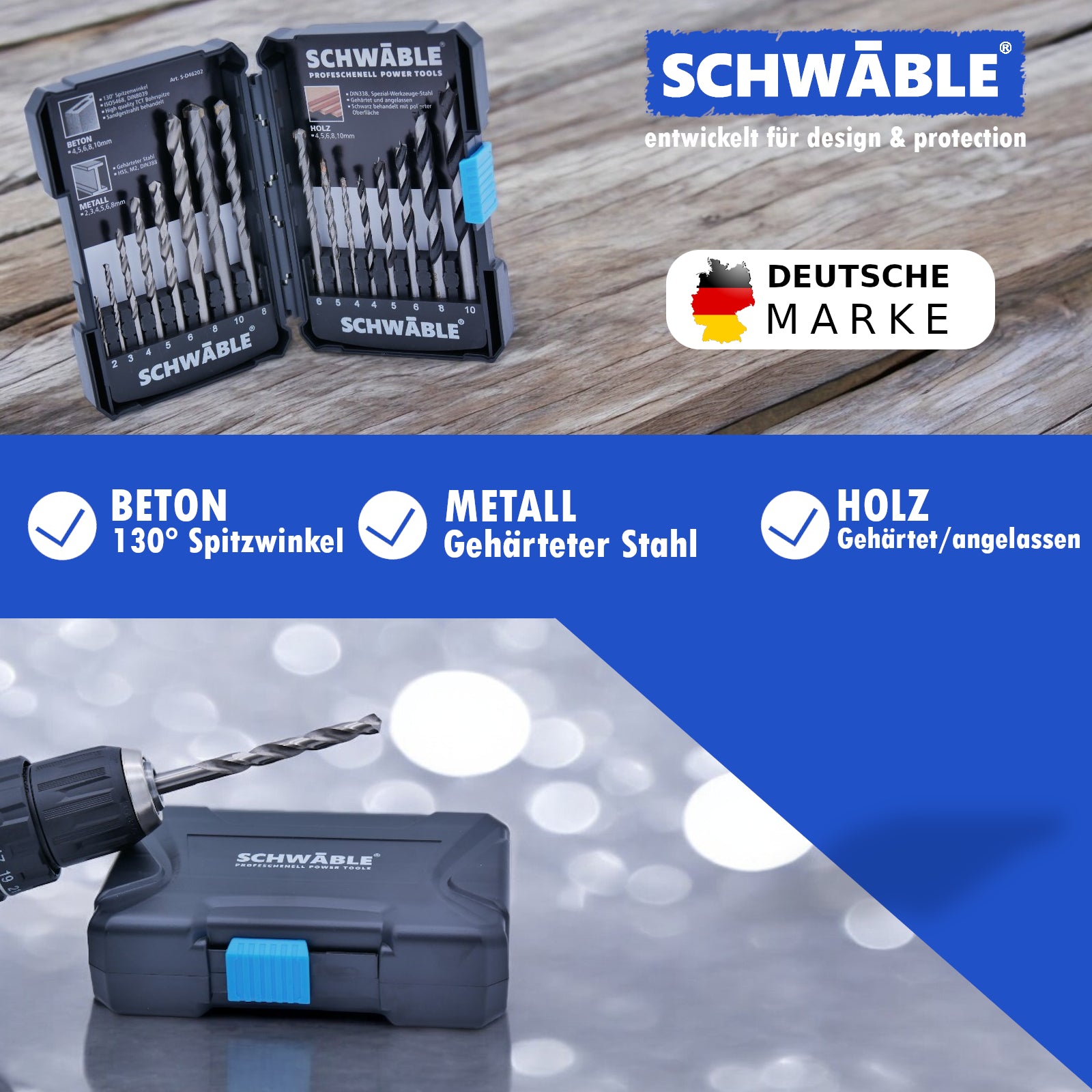 SCHWÄBLE® 16-piece drill bit set: wood drill bits, metal drill bits, HSS masonry drill bits