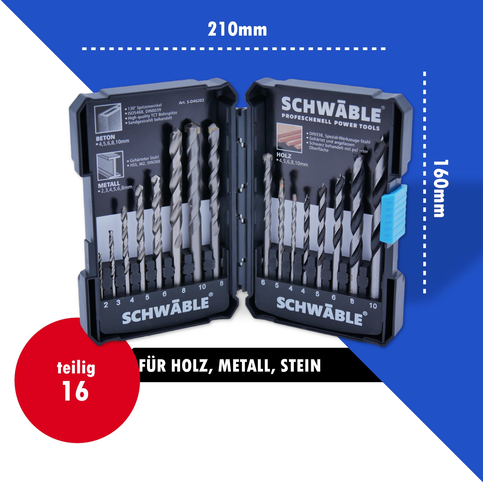 SCHWÄBLE® 16-piece drill bit set: wood drill bits, metal drill bits, HSS masonry drill bits