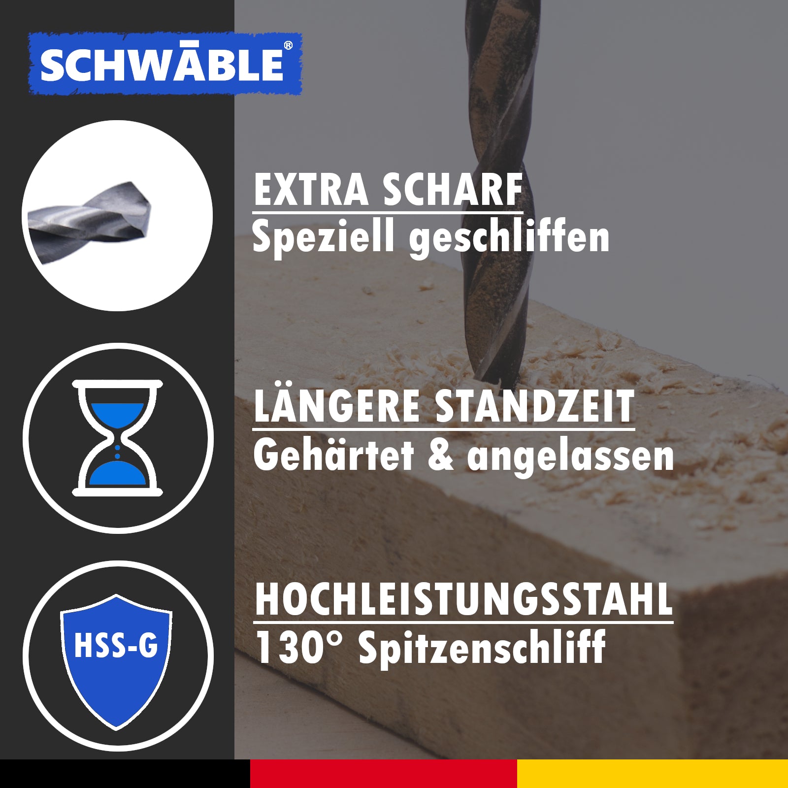 SCHWÄBLE® 16-piece drill bit set: wood drill bits, metal drill bits, HSS masonry drill bits