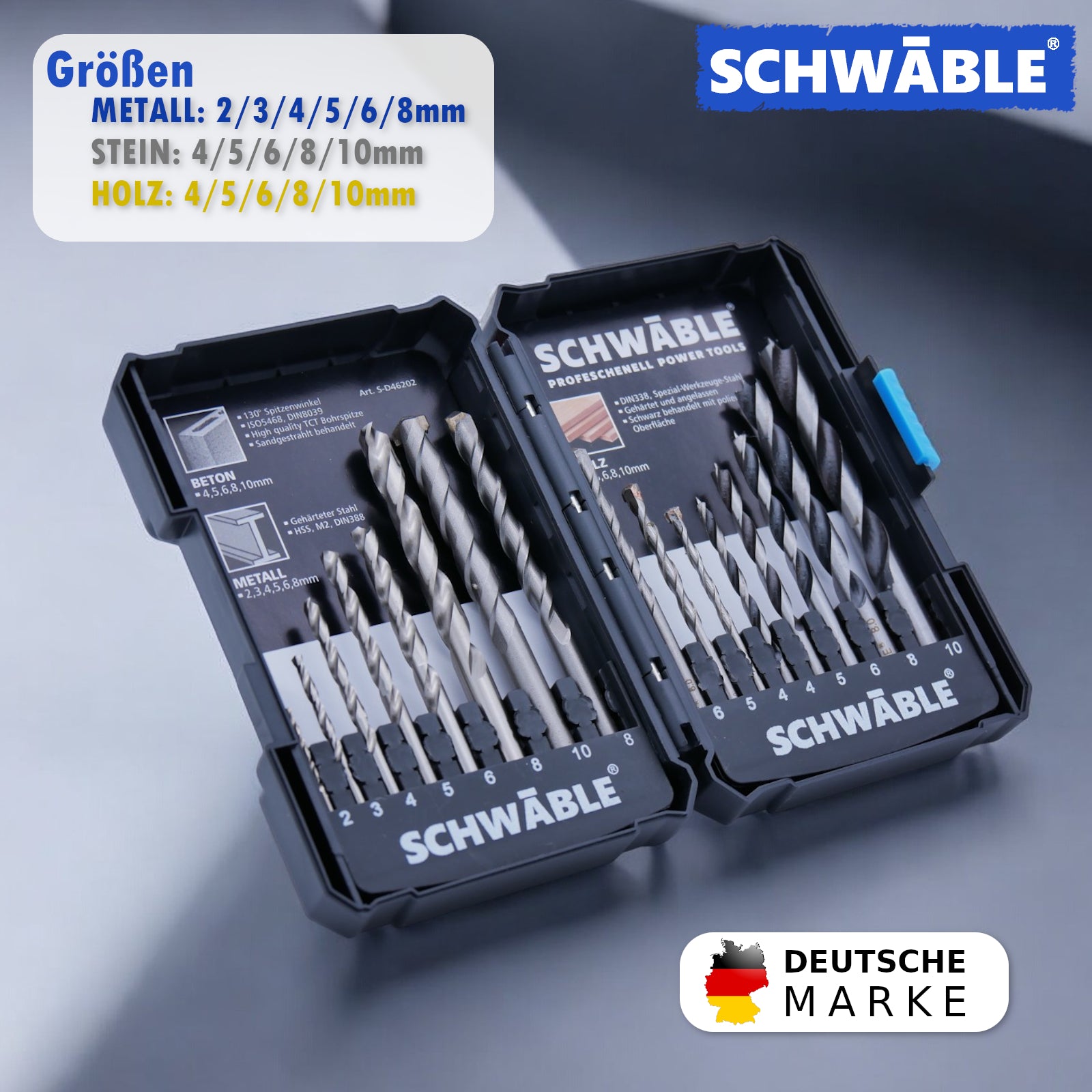 SCHWÄBLE® 16-piece drill bit set: wood drill bits, metal drill bits, HSS masonry drill bits