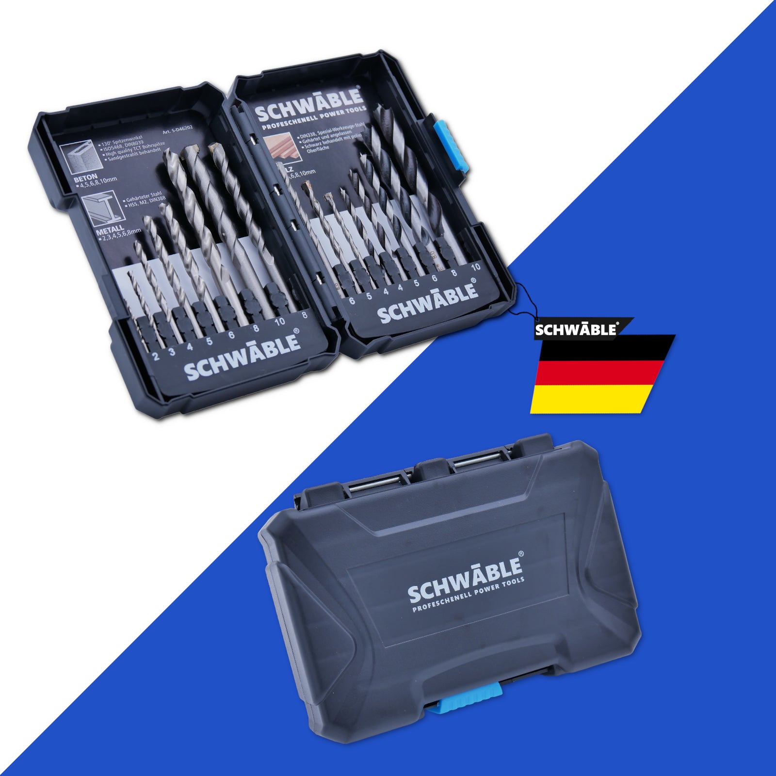 SCHWÄBLE® 16-piece drill bit set: wood drill bits, metal drill bits, HSS masonry drill bits