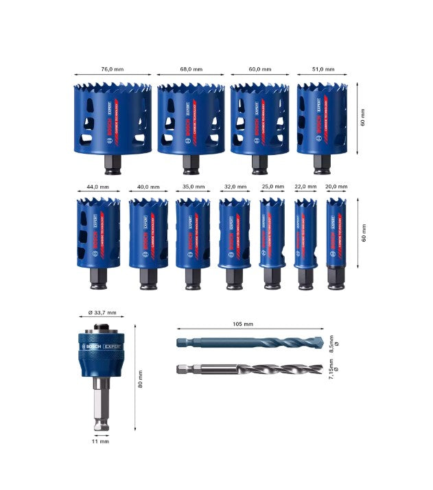BOSCH EXPERT Tough Material Hole Saw Set, 20/22/25/32/35/40/44/51/60/68/76 mm, 14 pieces. 2608900448