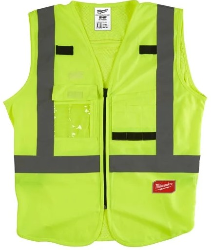 Milwaukee protective equipment, safety glasses, high-visibility vest, cut-resistant gloves
